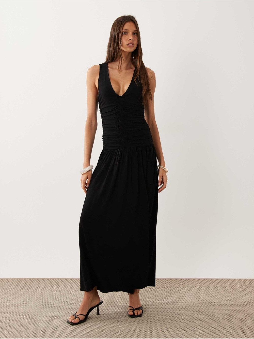Mango V-neck Ruched Maxi Dress Black Size 6 NWOT